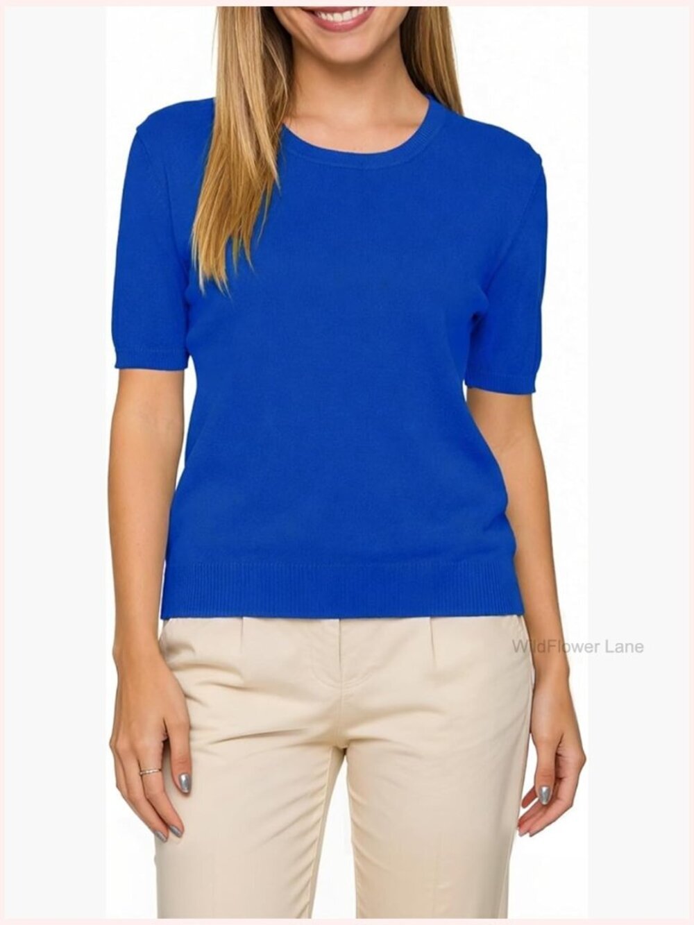 Short Sleeve Cotton Crew Neck Pullover Sweater Women Knit Blouse Top